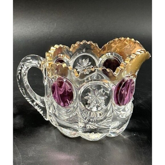 US Glass Cromwell Knobby Bulls Eye Moon and Stars Ruby Gold Trim Creamer 1915 - Picture 4 of 7